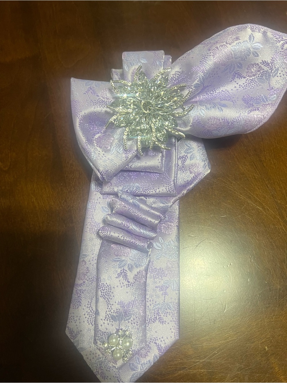 Lavender Floral Satin Bow Tie with Silver Brooch - Women Accessories